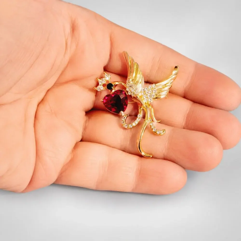 Vintage Rise Gold-tone Phoenix Bird Brooch Pin- Red Sparkly‎ Red Heart ab1-54 - Picture 3 of 6
